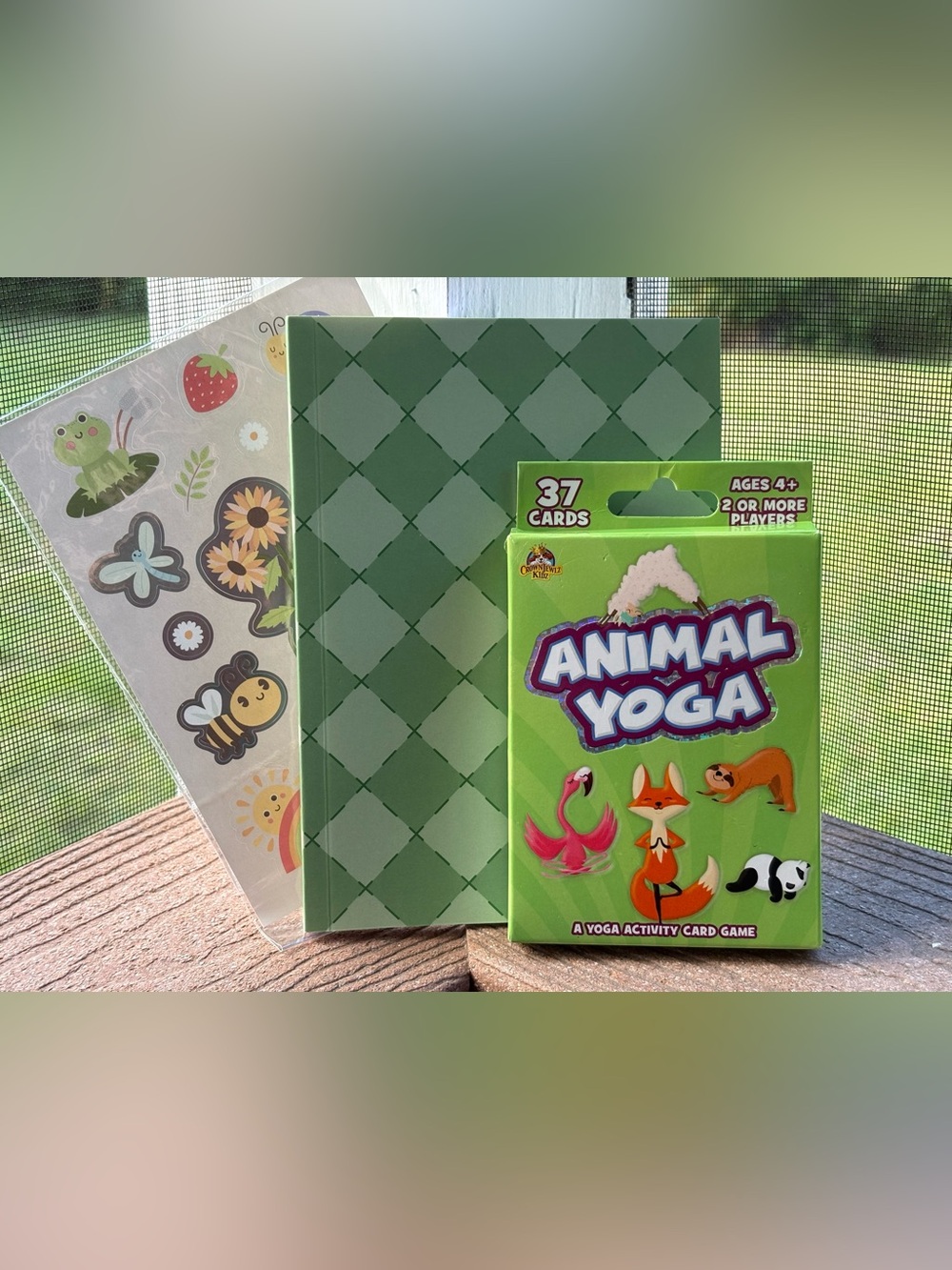 Animal Yoga Card Game, Lined hardcover notebook/journal, stickers, and Bonus